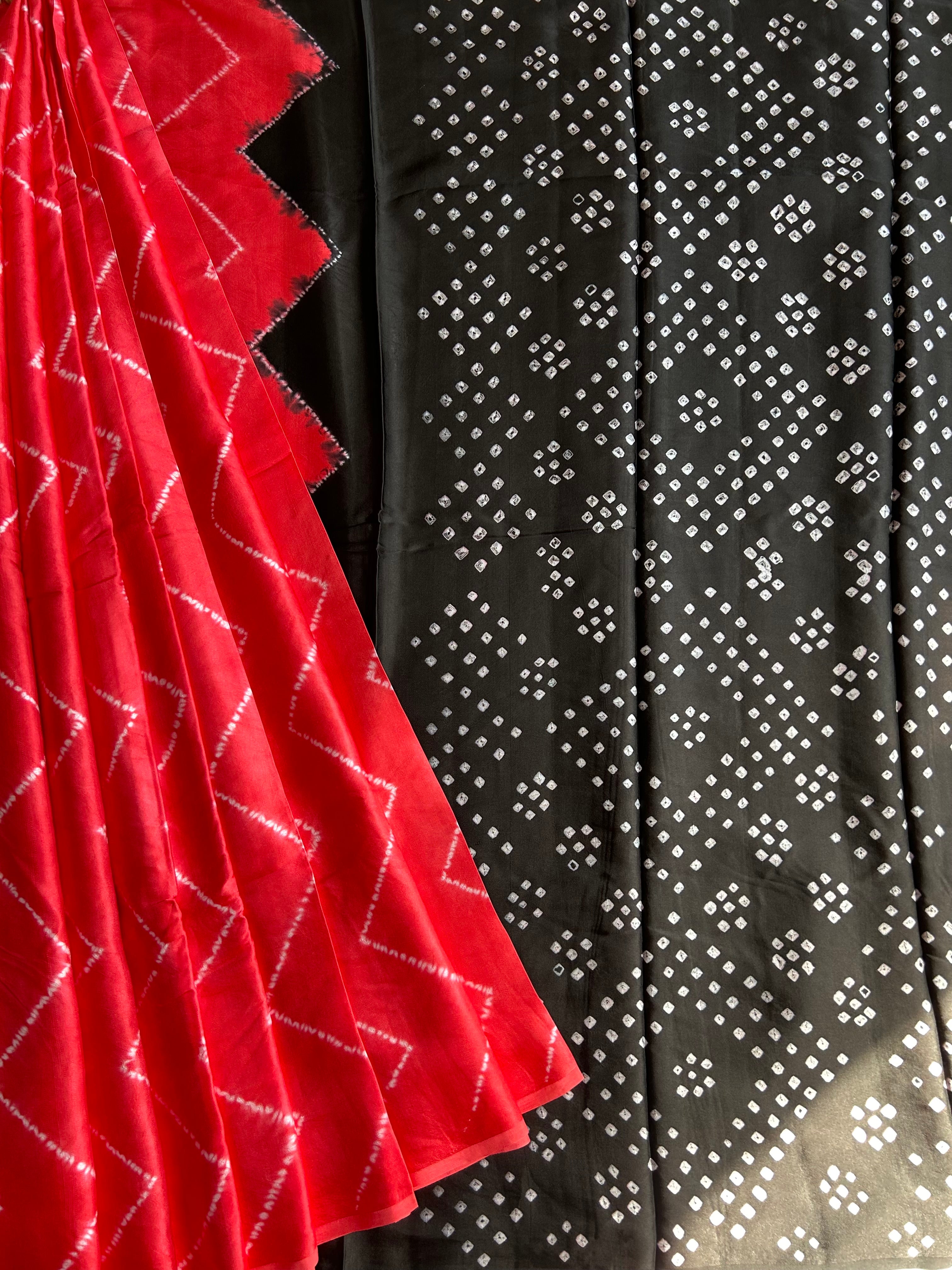 CHEHAK: HANDMADE SHIBORI BANDHEJ MODAL SILK SAREE – MYPOSHAAKH
