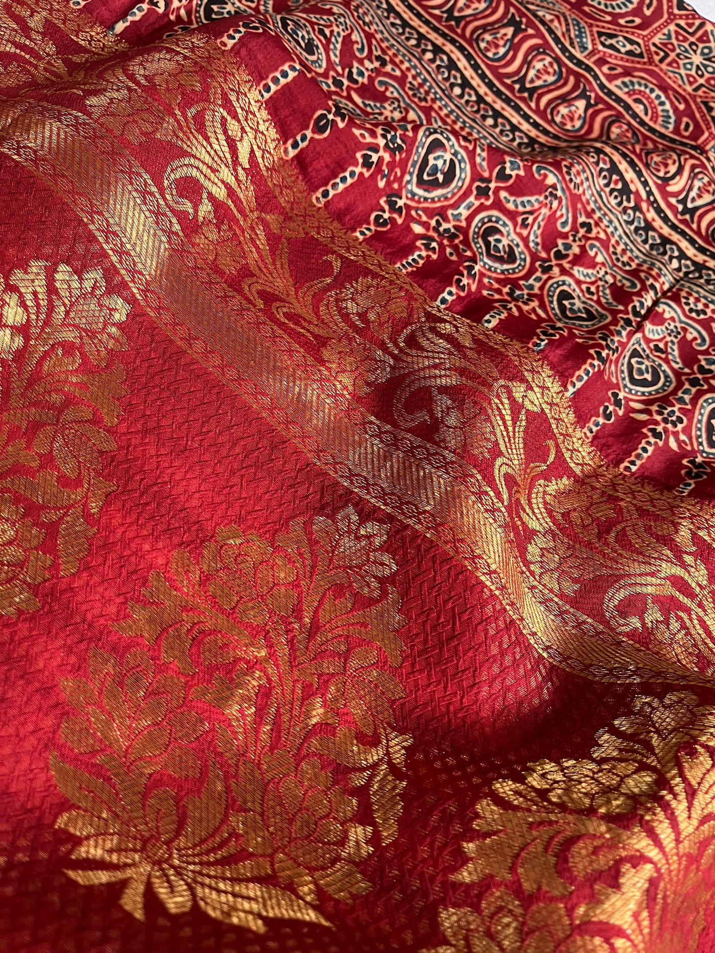 GANGA:Handblock Ajrakh Dola Silk Saree with Meenakari Pallu