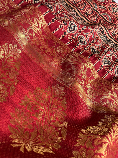 GANGA:Handblock Ajrakh Dola Silk Saree with Meenakari Pallu