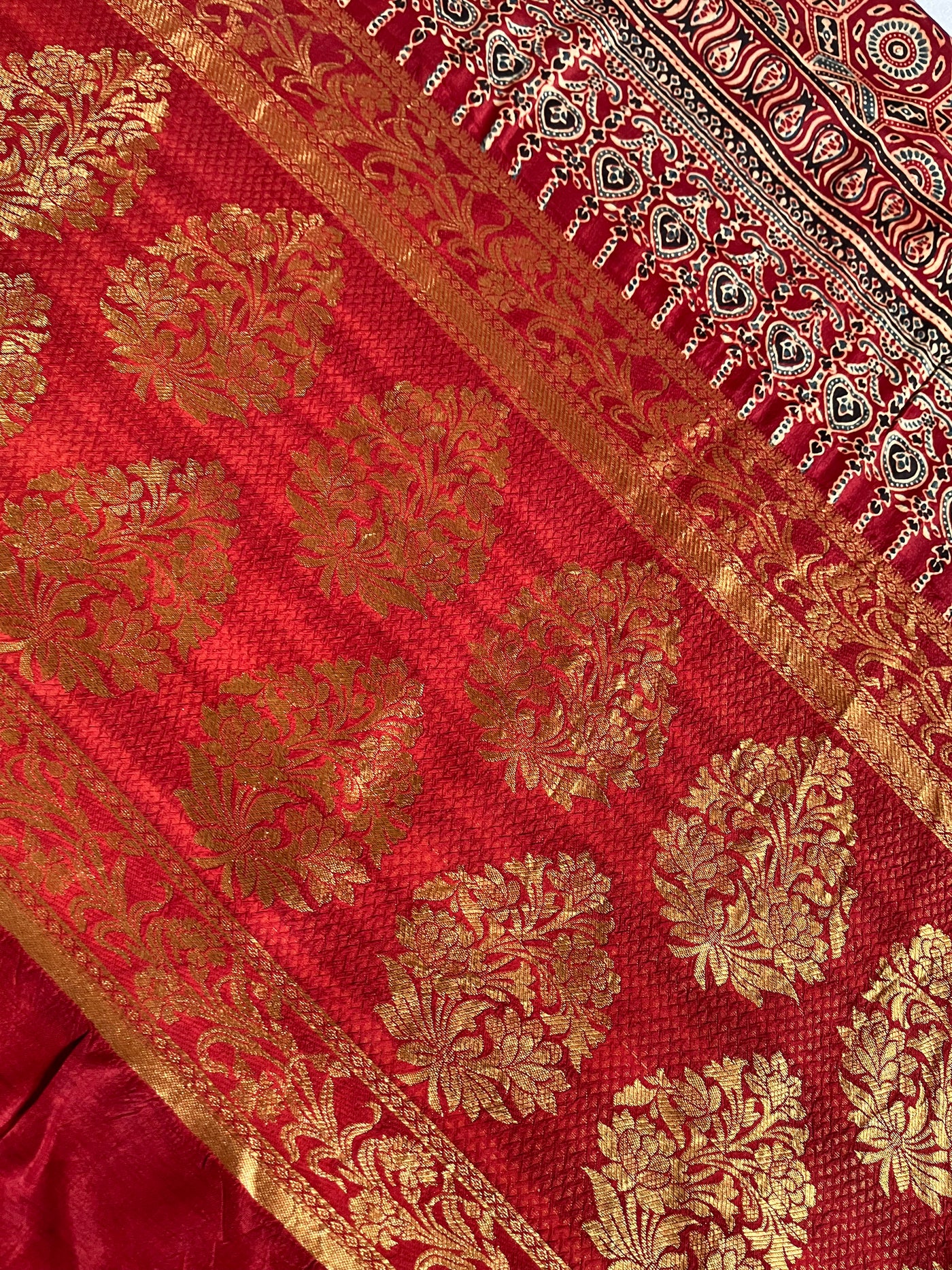 GANGA:Handblock Ajrakh Dola Silk Saree with Meenakari Pallu