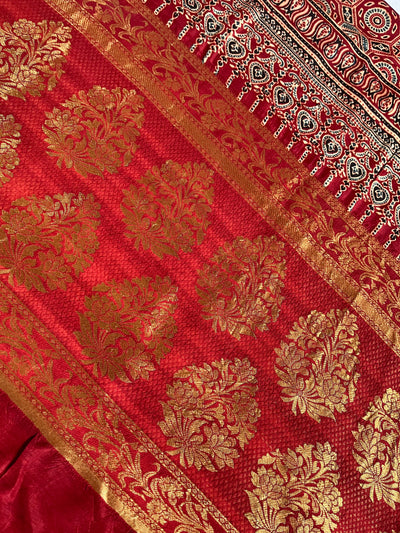 GANGA:Handblock Ajrakh Dola Silk Saree with Meenakari Pallu
