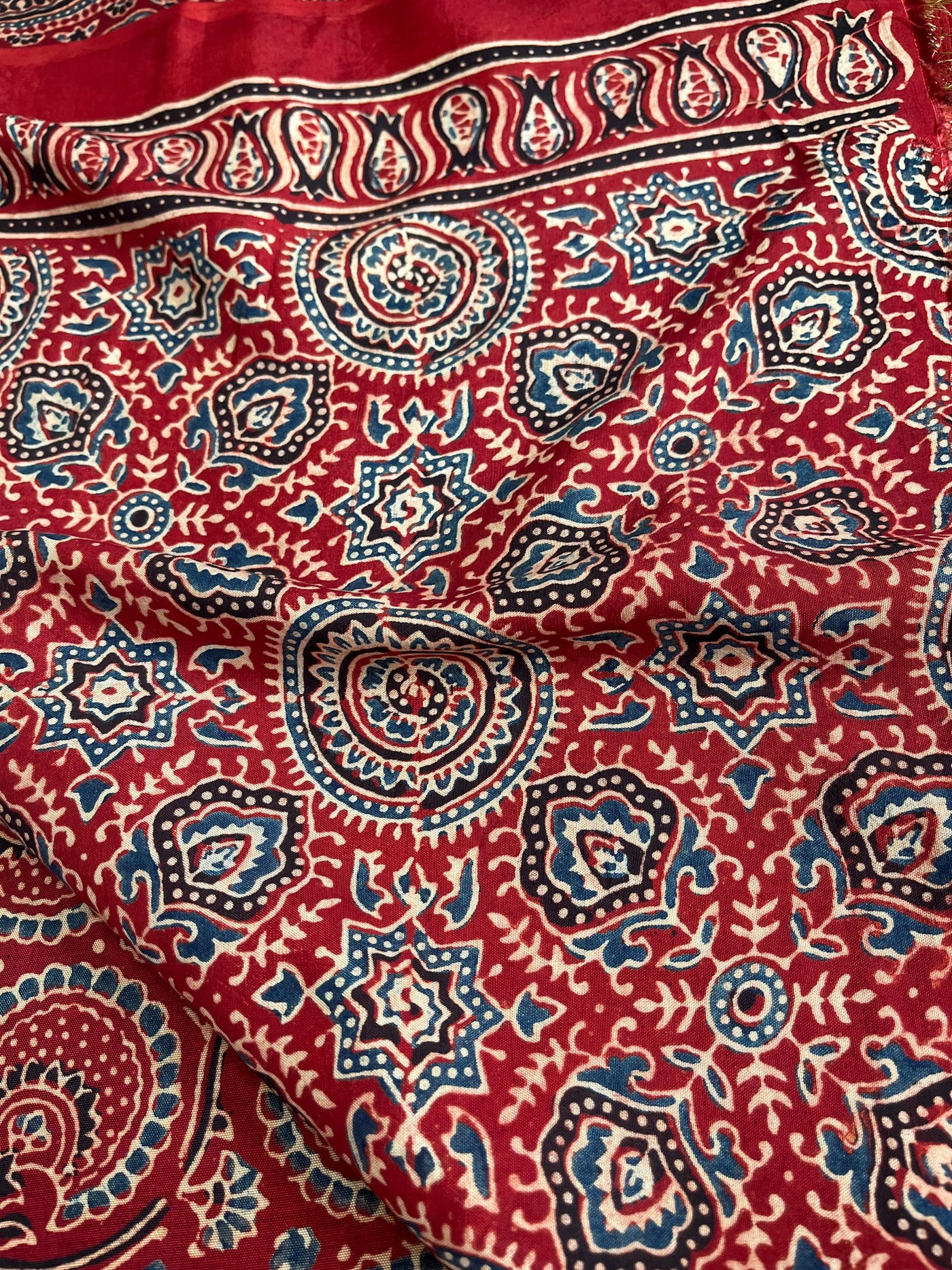 GANGA:Handblock Ajrakh Dola Silk Saree with Meenakari Pallu