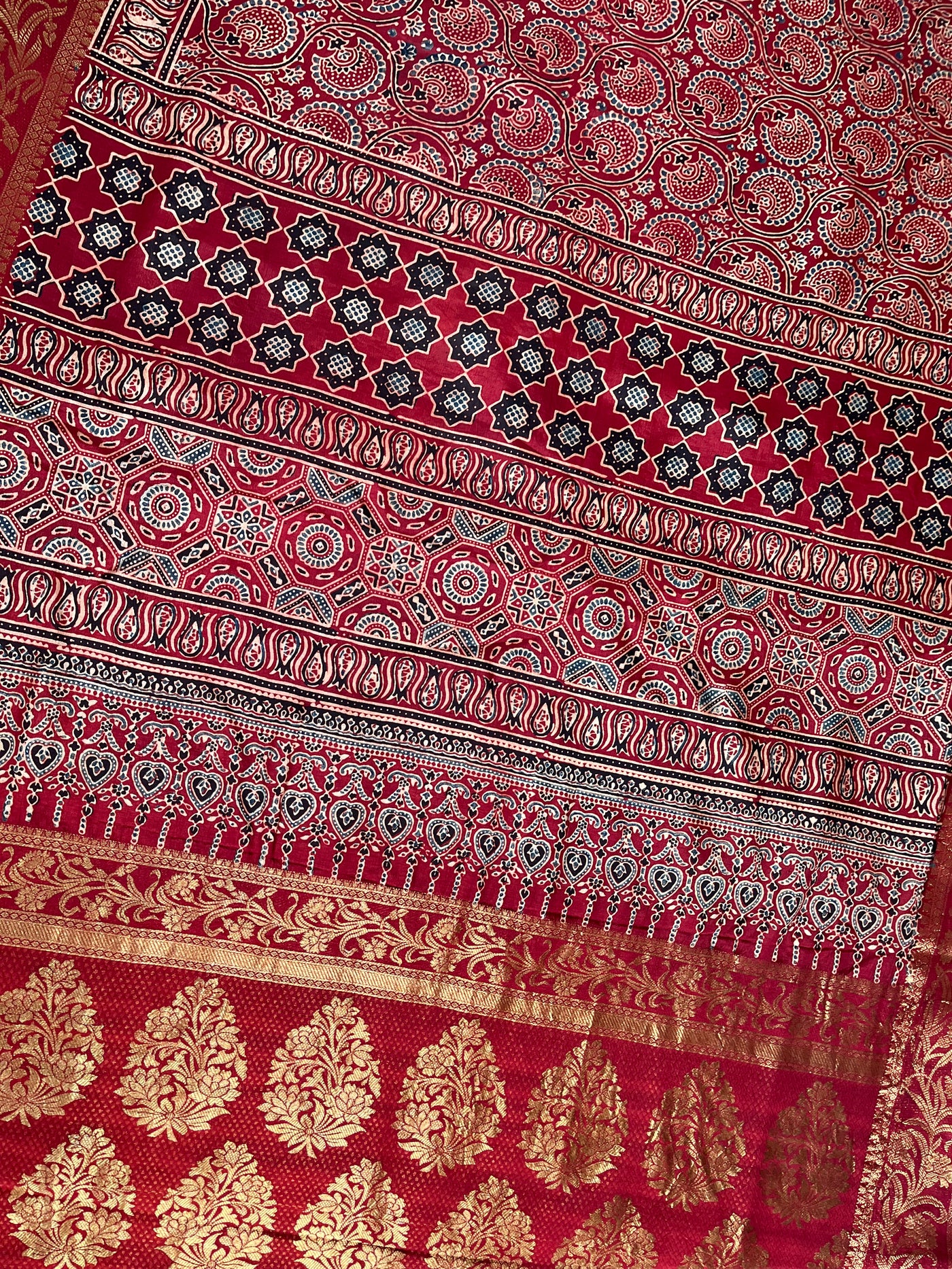 GANGA:Handblock Ajrakh Dola Silk Saree with Meenakari Pallu