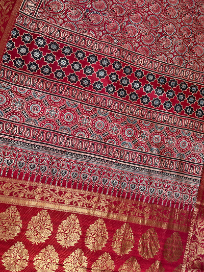 GANGA:Handblock Ajrakh Dola Silk Saree with Meenakari Pallu