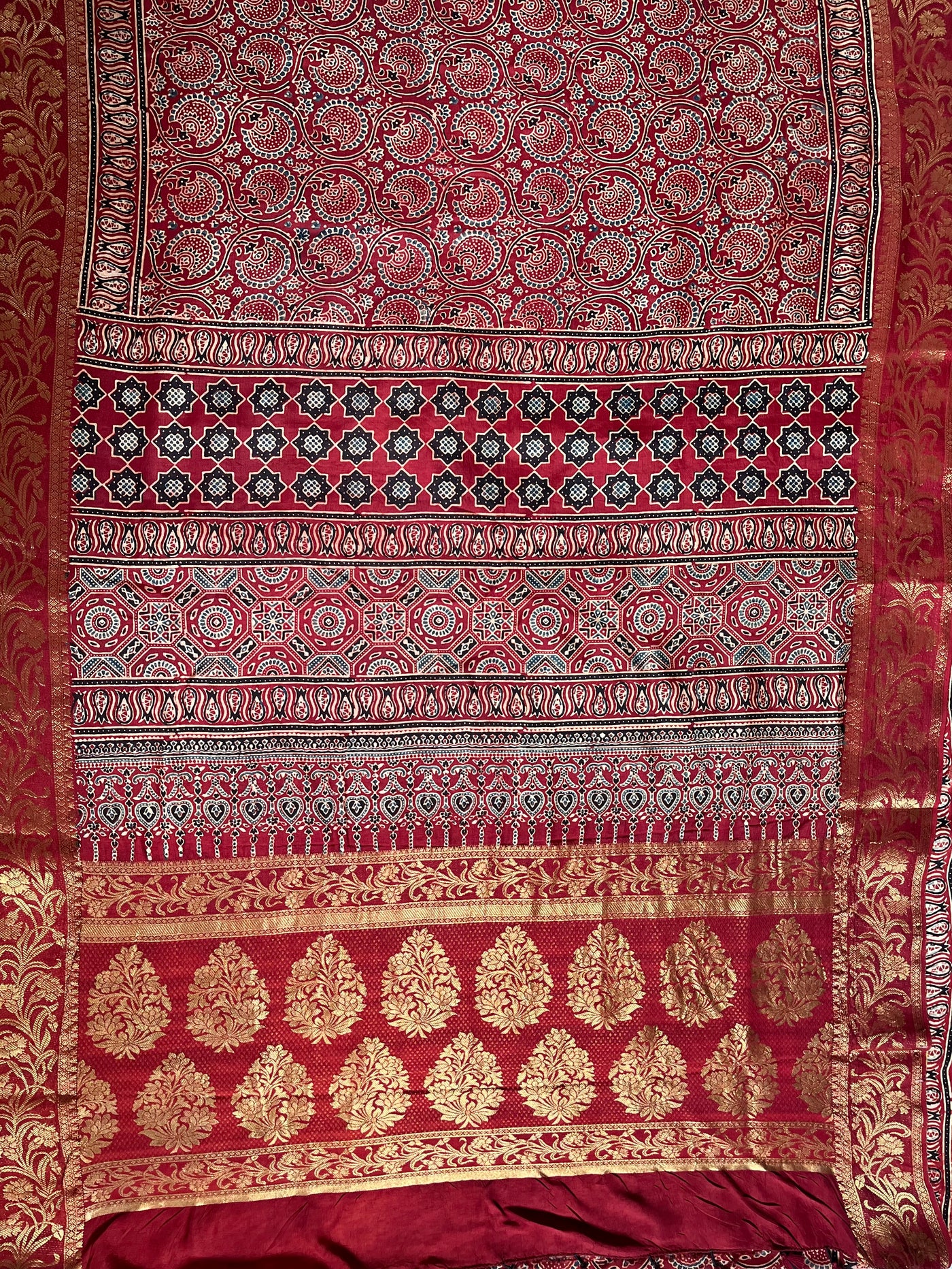 GANGA:Handblock Ajrakh Dola Silk Saree with Meenakari Pallu