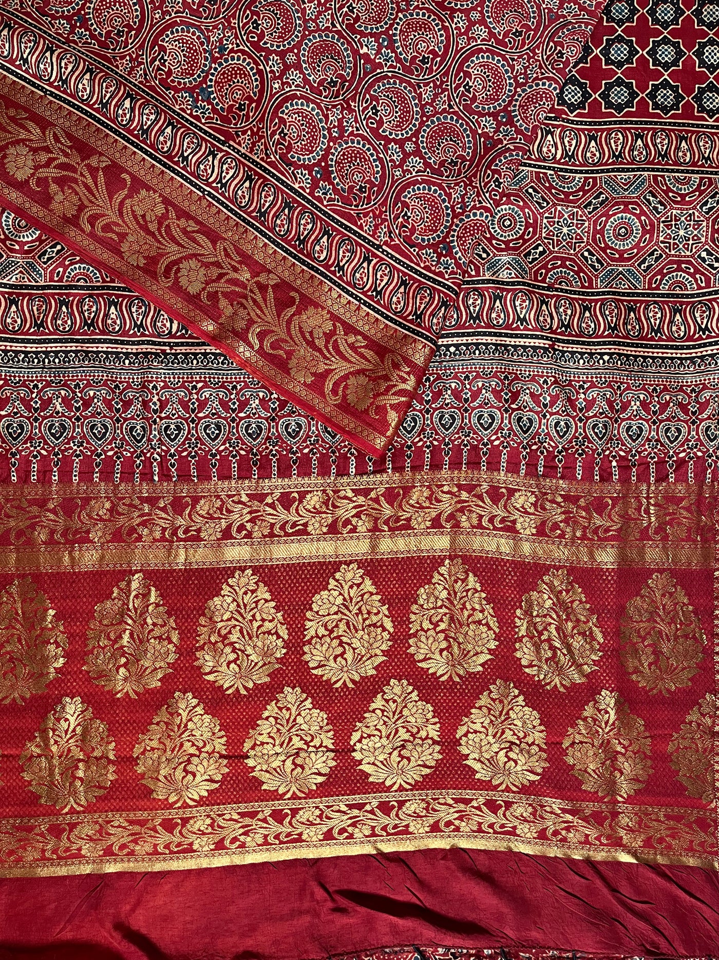 GANGA:Handblock Ajrakh Dola Silk Saree with Meenakari Pallu