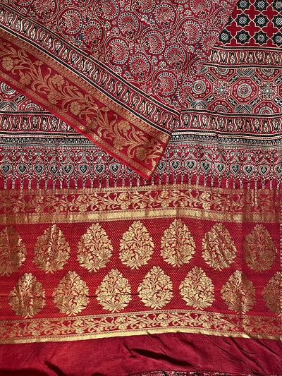 GANGA:Handblock Ajrakh Dola Silk Saree with Meenakari Pallu