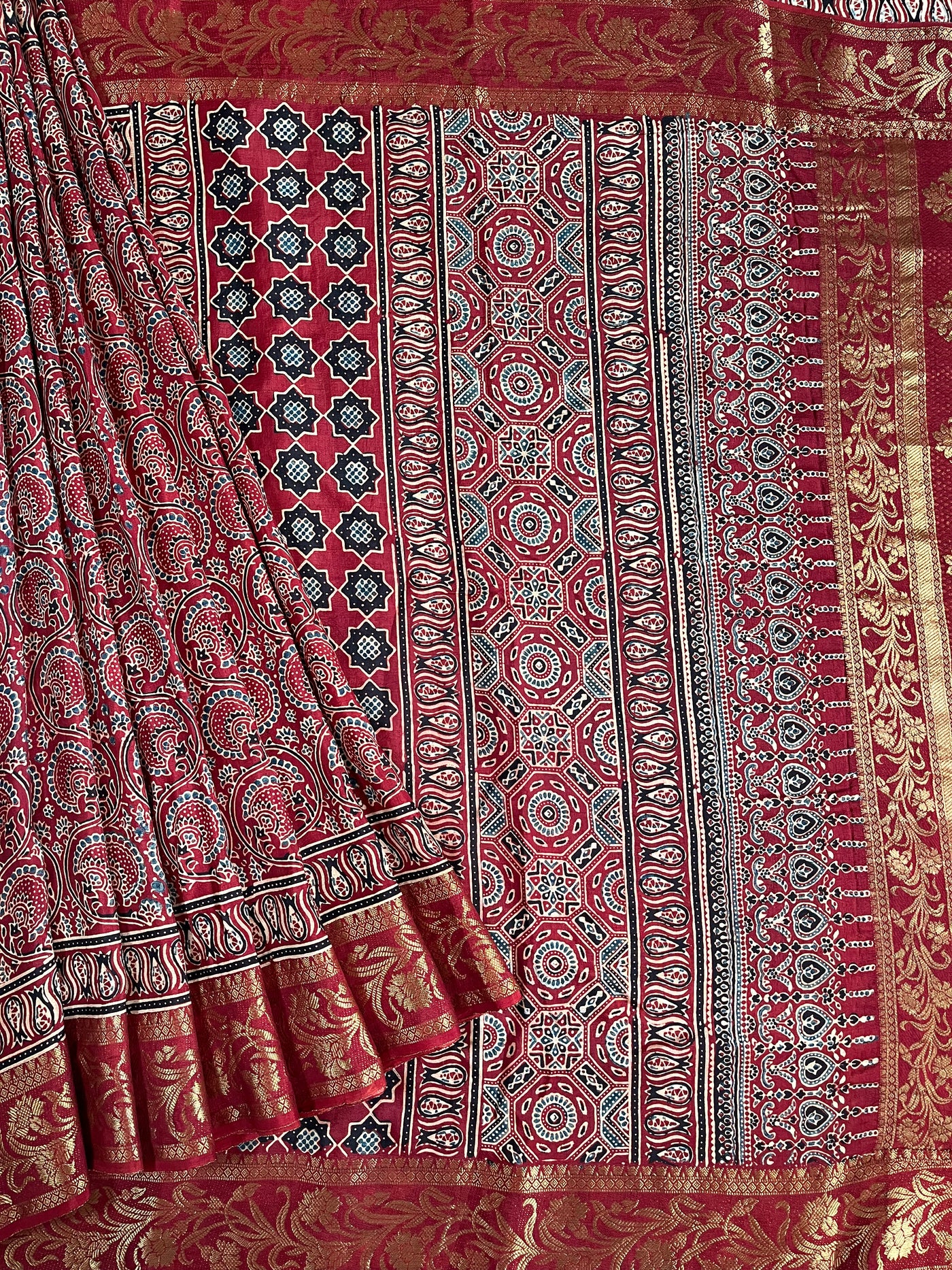 GANGA:Handblock Ajrakh Dola Silk Saree with Meenakari Pallu
