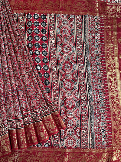 GANGA:Handblock Ajrakh Dola Silk Saree with Meenakari Pallu