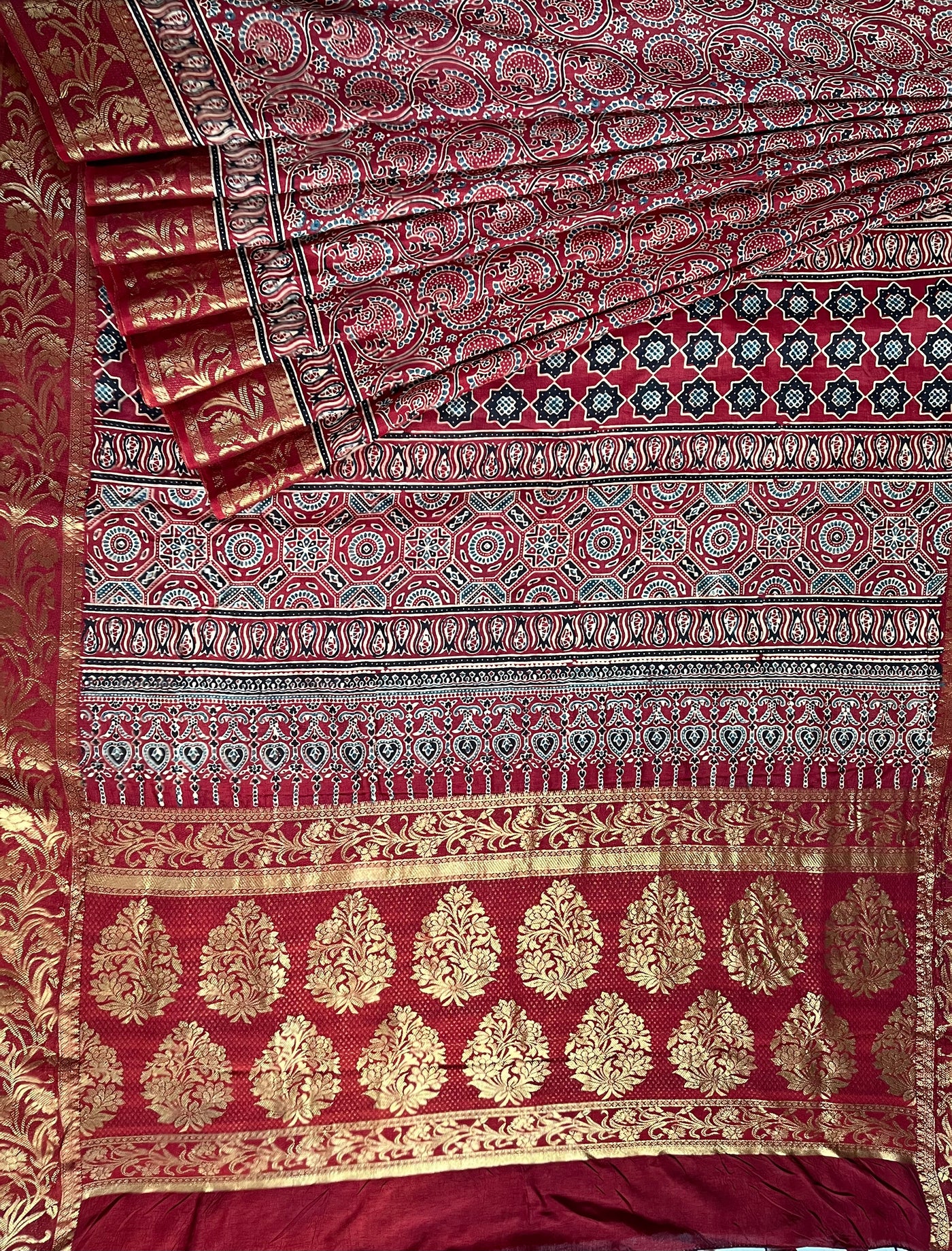 GANGA:Handblock Ajrakh Dola Silk Saree with Meenakari Pallu