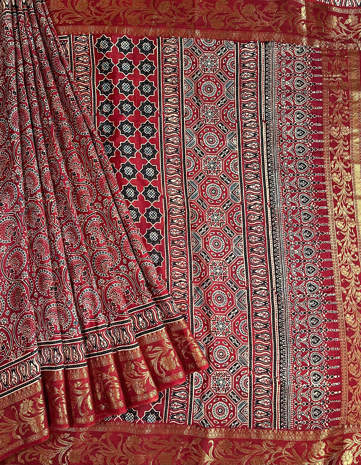GANGA:Handblock Ajrakh Dola Silk Saree with Meenakari Pallu