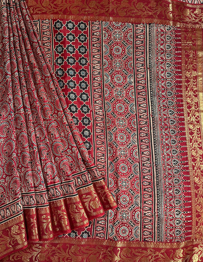 GANGA:Handblock Ajrakh Dola Silk Saree with Meenakari Pallu
