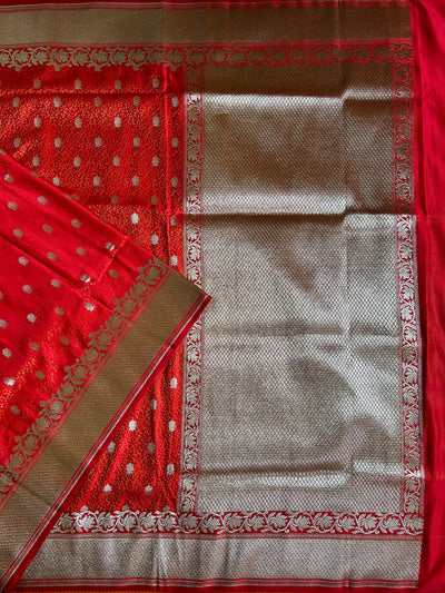 DULHAN : SINDOORI, WEDDING WEAR BANARASI SATIN SILK TANCHUI SAREE WITH ZARI PALLU.
