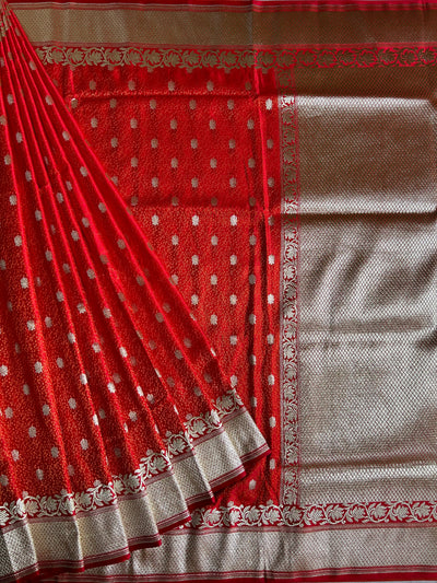 DULHAN : SINDOORI, WEDDING WEAR BANARASI SATIN SILK TANCHUI SAREE WITH ZARI PALLU.