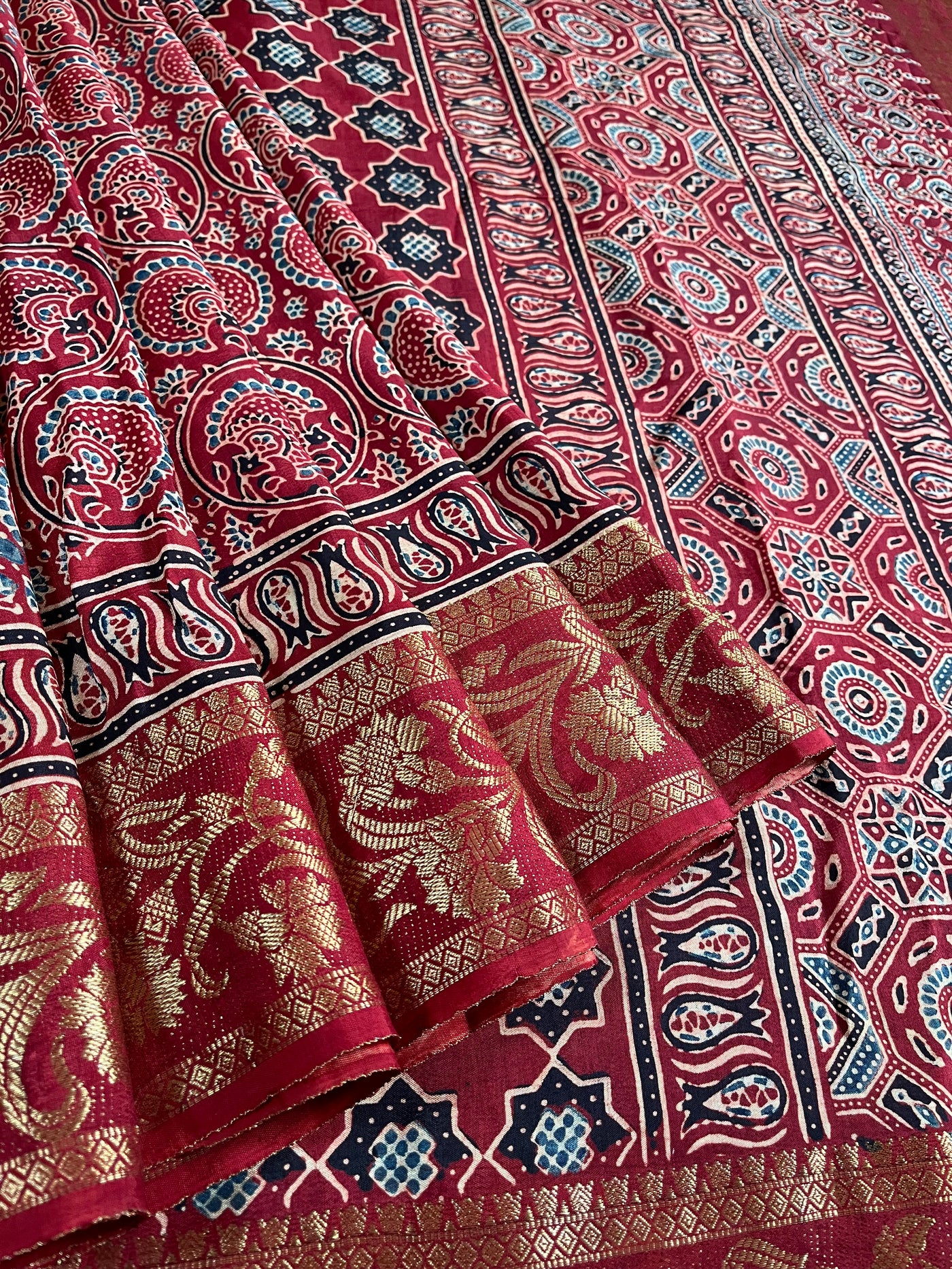 GANGA:Handblock Ajrakh Dola Silk Saree with Meenakari Pallu
