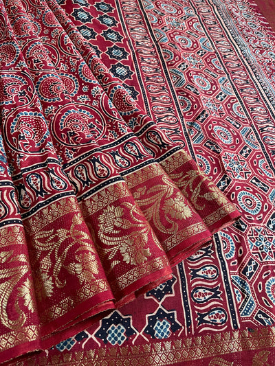 GANGA:Handblock Ajrakh Dola Silk Saree with Meenakari Pallu