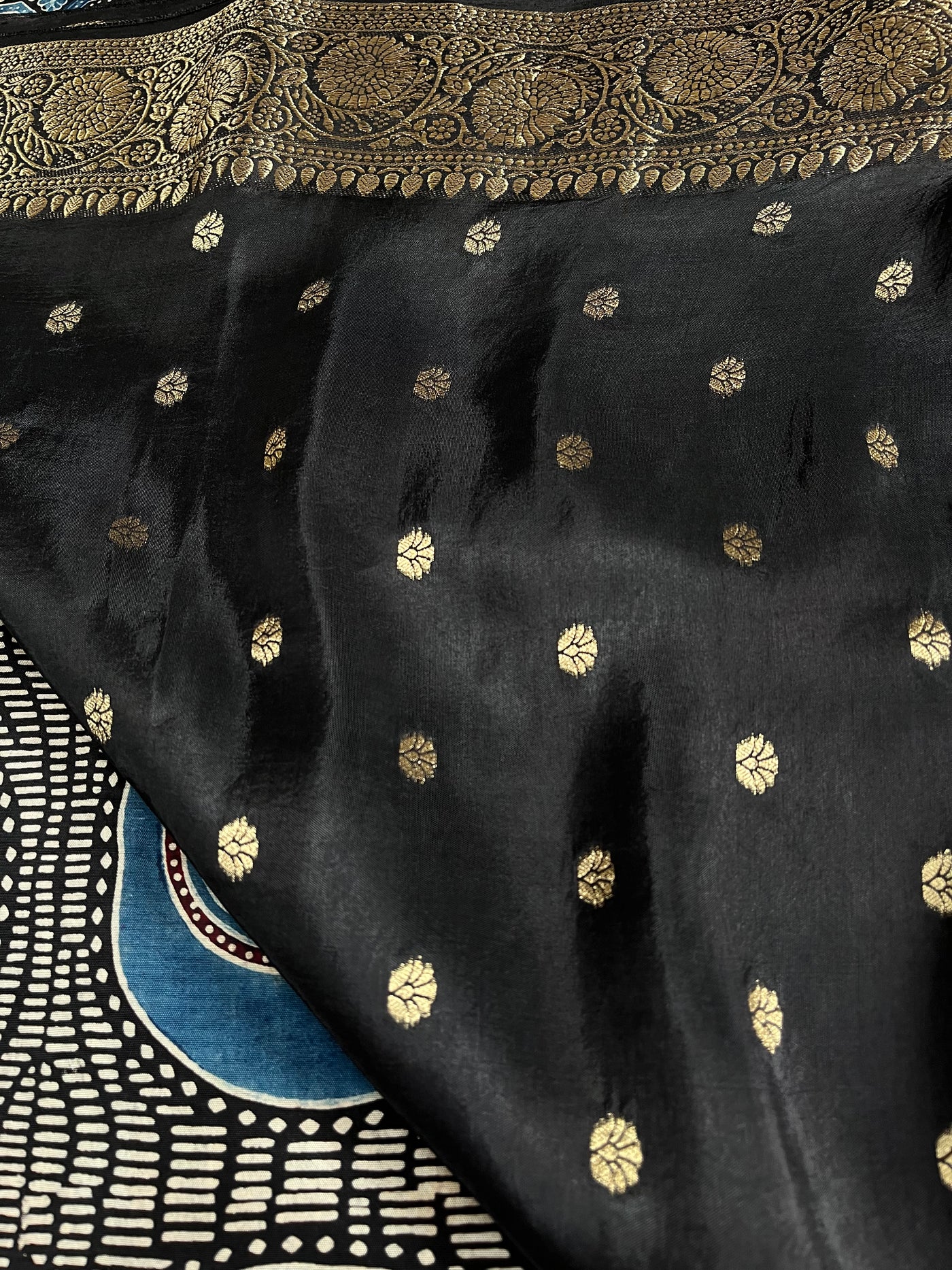 SUBHI:Handblock Ajrakh Dola Silk Saree with Meenakari Pallu