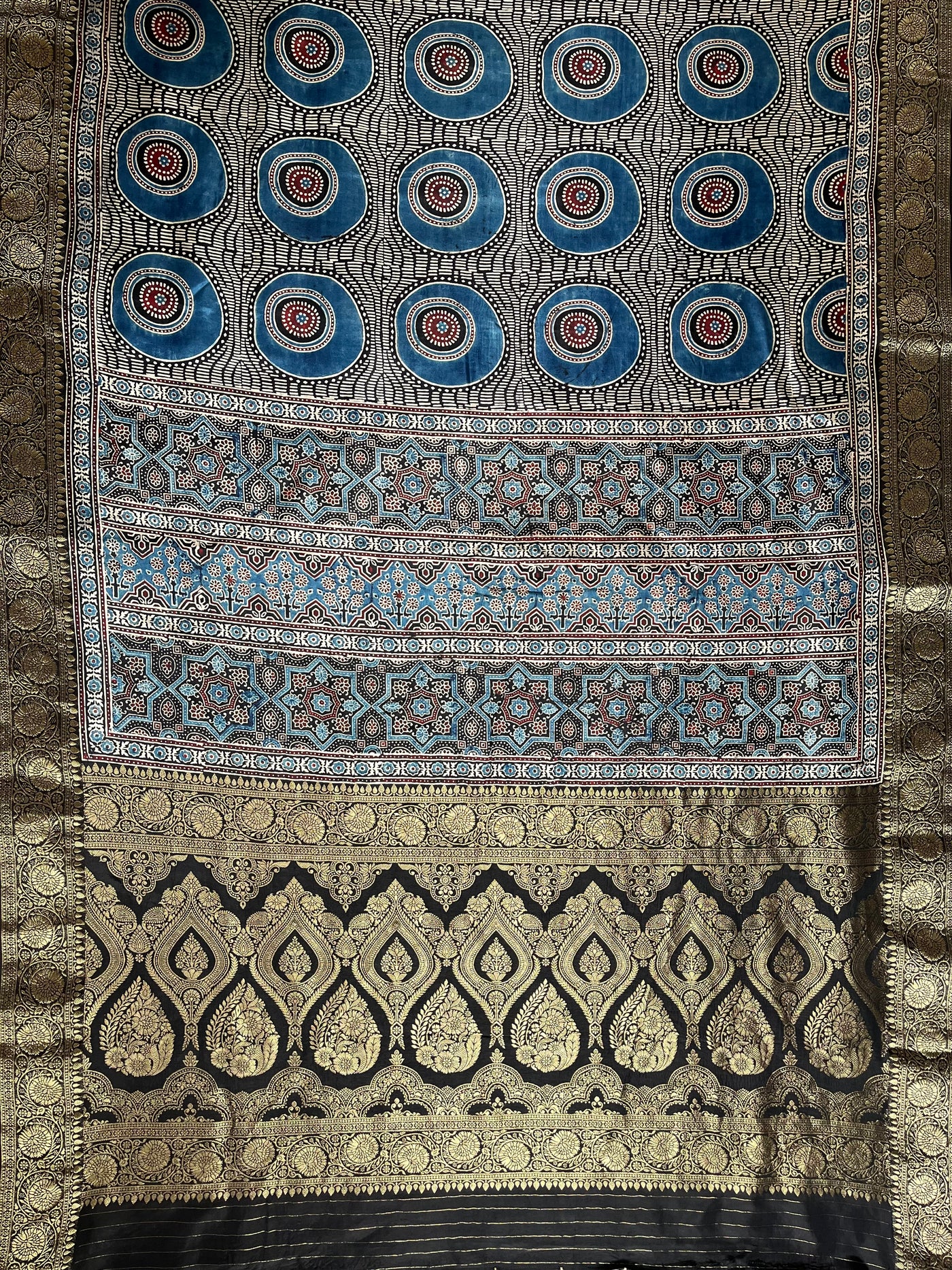 SUBHI:Handblock Ajrakh Dola Silk Saree with Meenakari Pallu