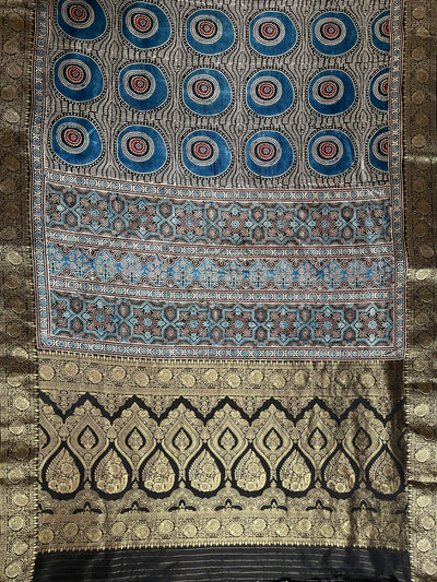 SUBHI:Handblock Ajrakh Dola Silk Saree with Meenakari Pallu