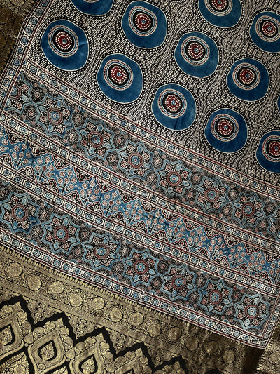 SUBHI:Handblock Ajrakh Dola Silk Saree with Meenakari Pallu
