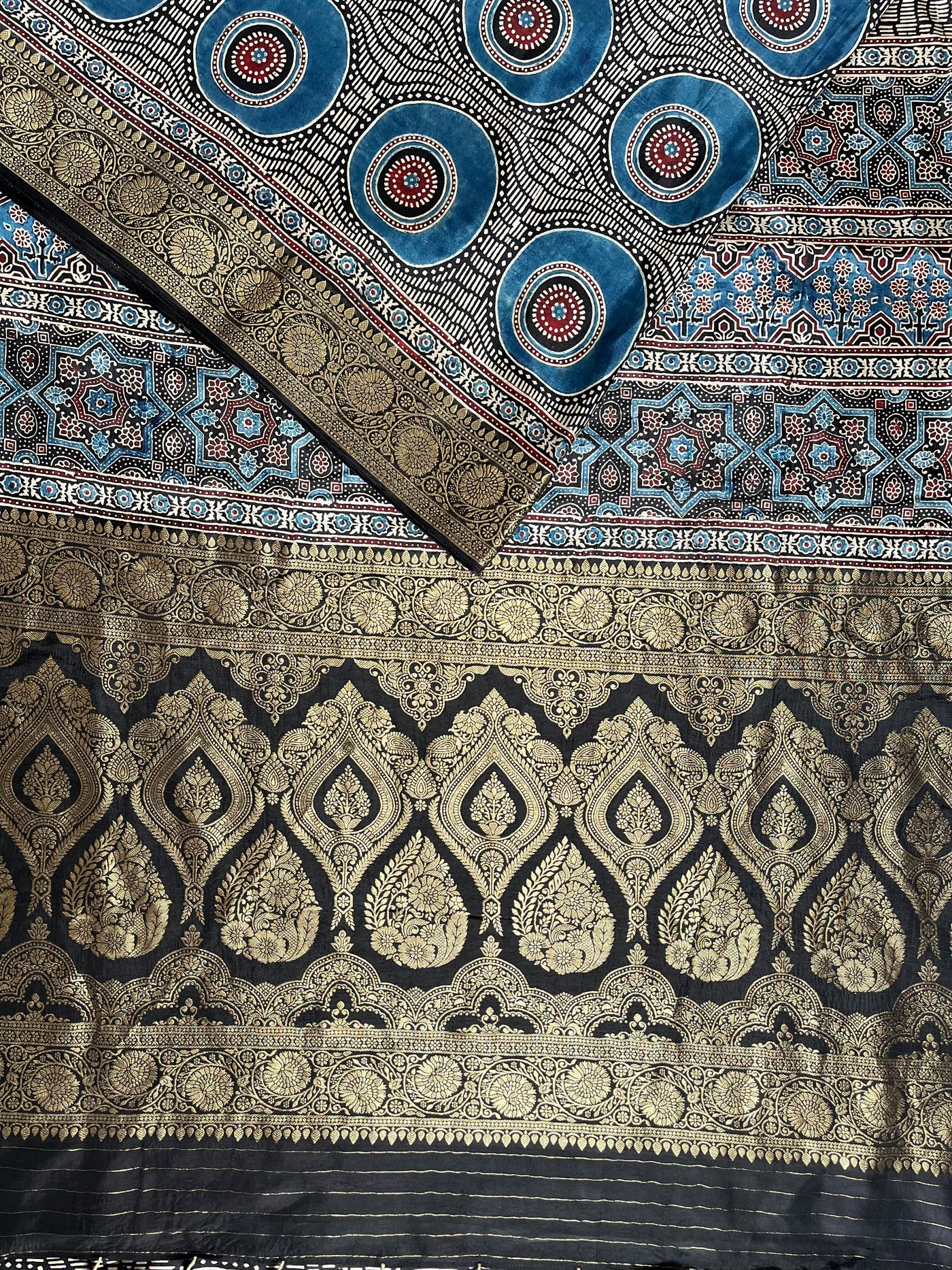 SUBHI:Handblock Ajrakh Dola Silk Saree with Meenakari Pallu