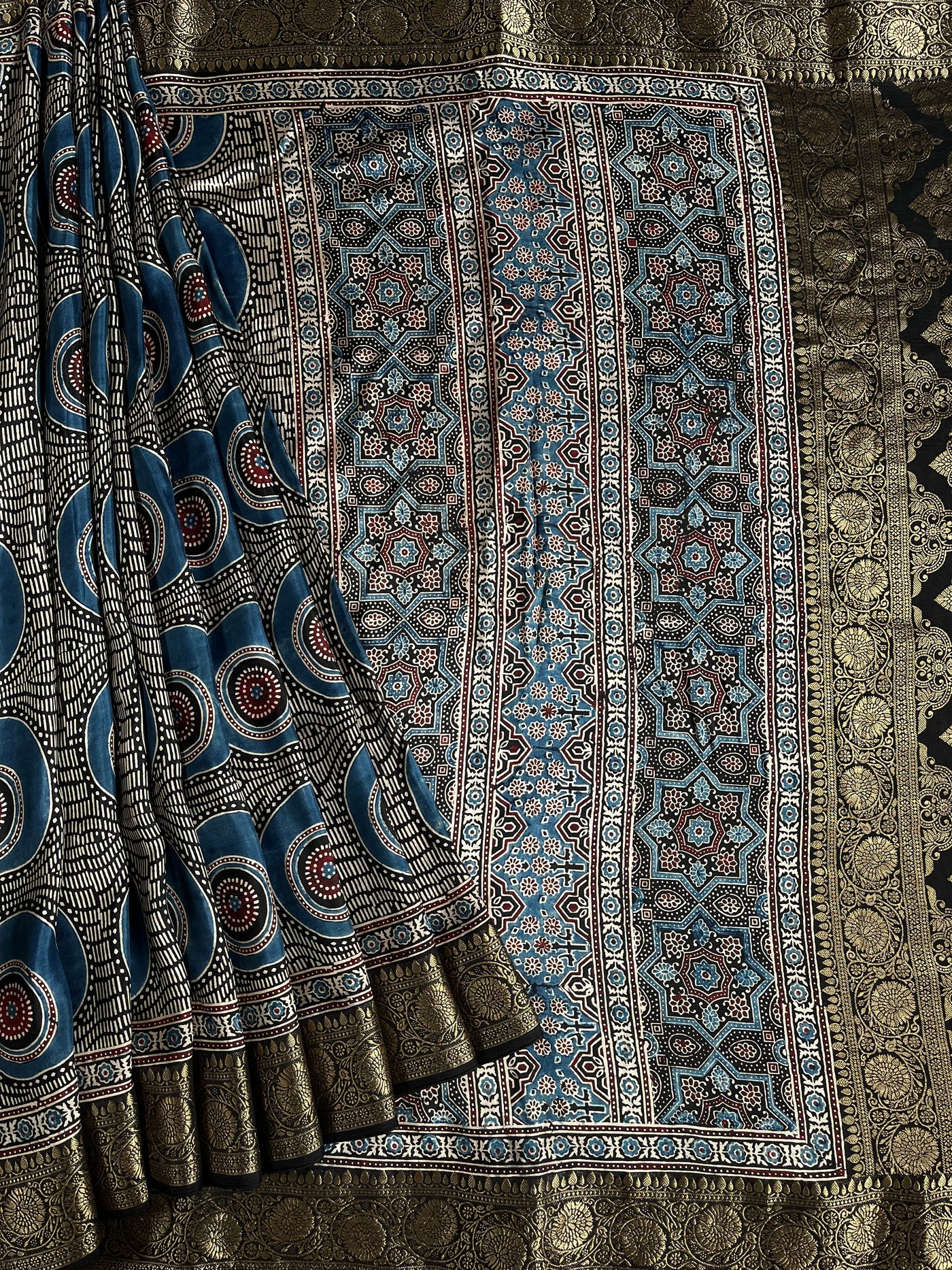 SUBHI:Handblock Ajrakh Dola Silk Saree with Meenakari Pallu