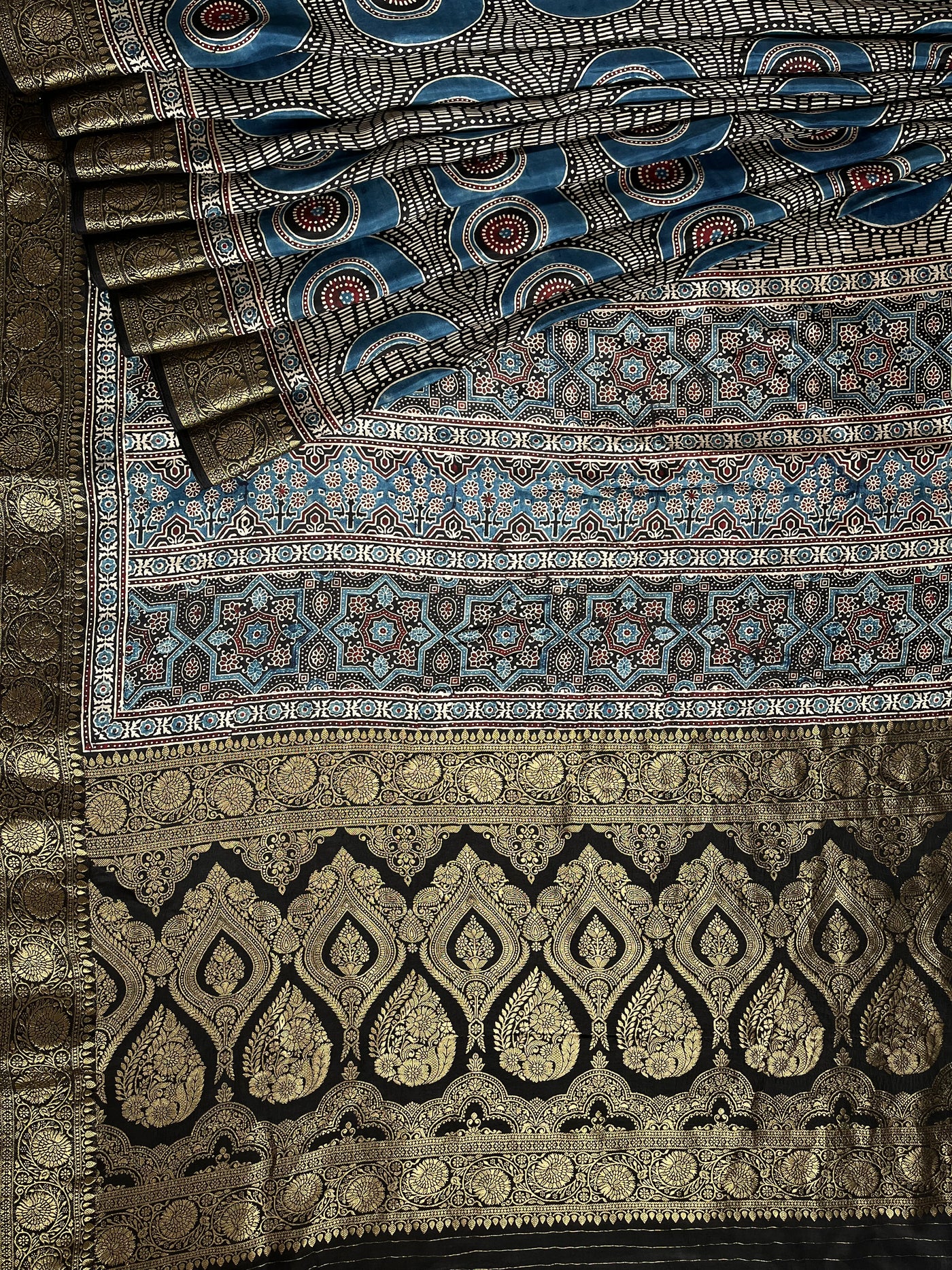 SUBHI:Handblock Ajrakh Dola Silk Saree with Meenakari Pallu