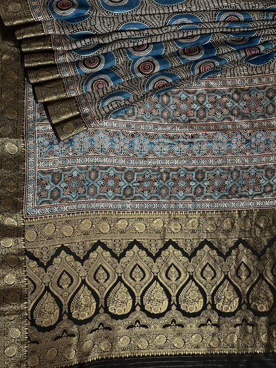 SUBHI:Handblock Ajrakh Dola Silk Saree with Meenakari Pallu