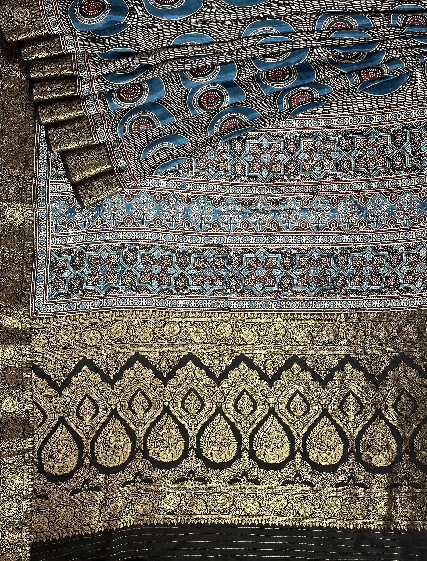 SUBHI:Handblock Ajrakh Dola Silk Saree with Meenakari Pallu