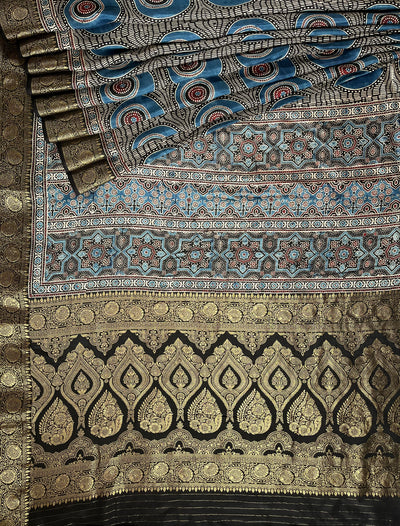 SUBHI:Handblock Ajrakh Dola Silk Saree with Meenakari Pallu