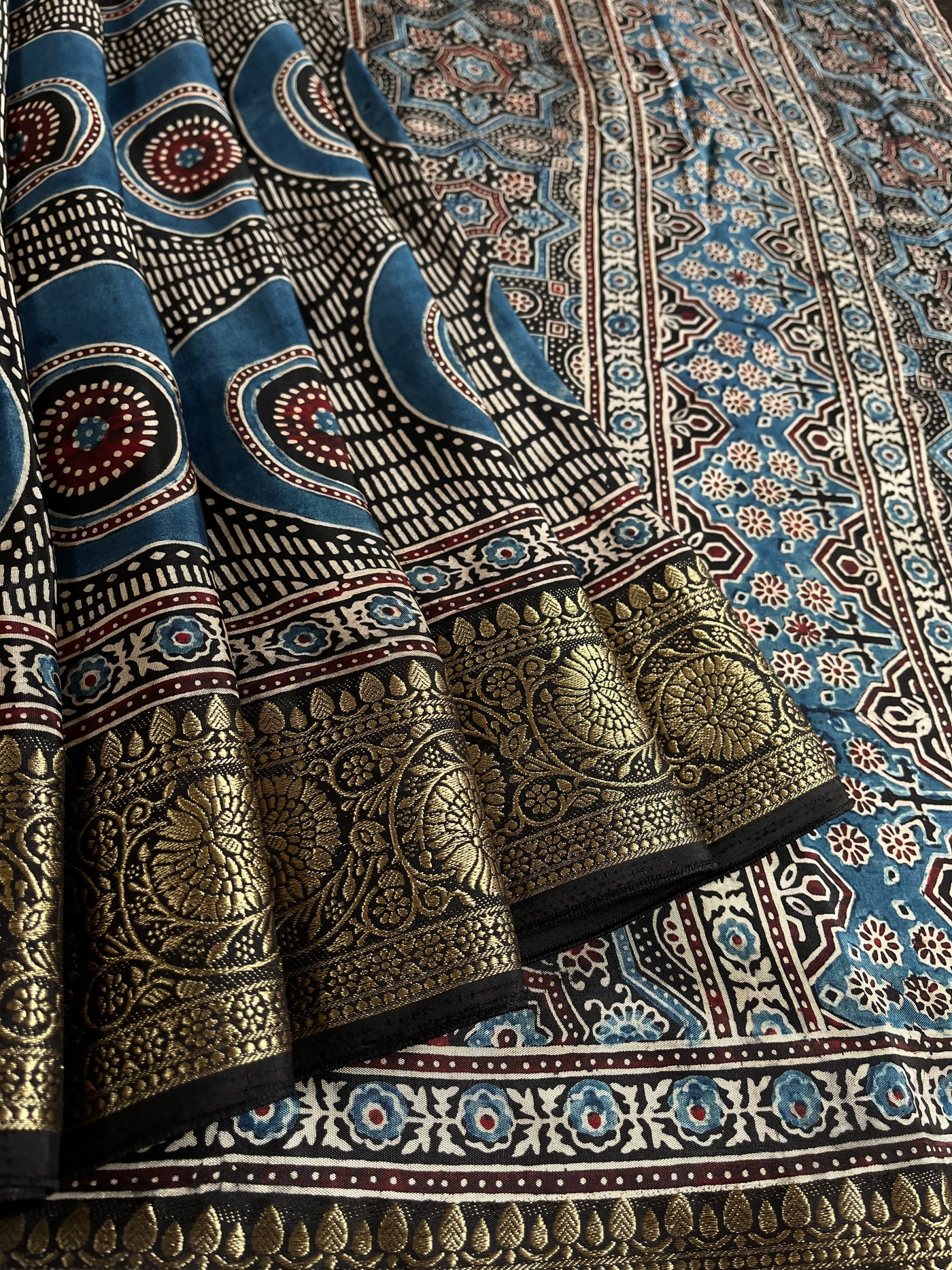 SUBHI:Handblock Ajrakh Dola Silk Saree with Meenakari Pallu