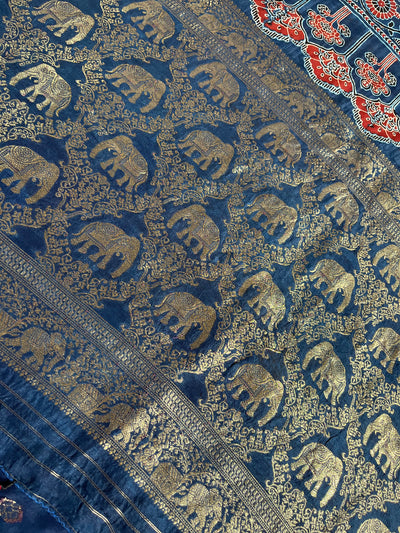 AAISHA:Handblock Ajrakh Dola Silk Saree with Meenakari Pallu