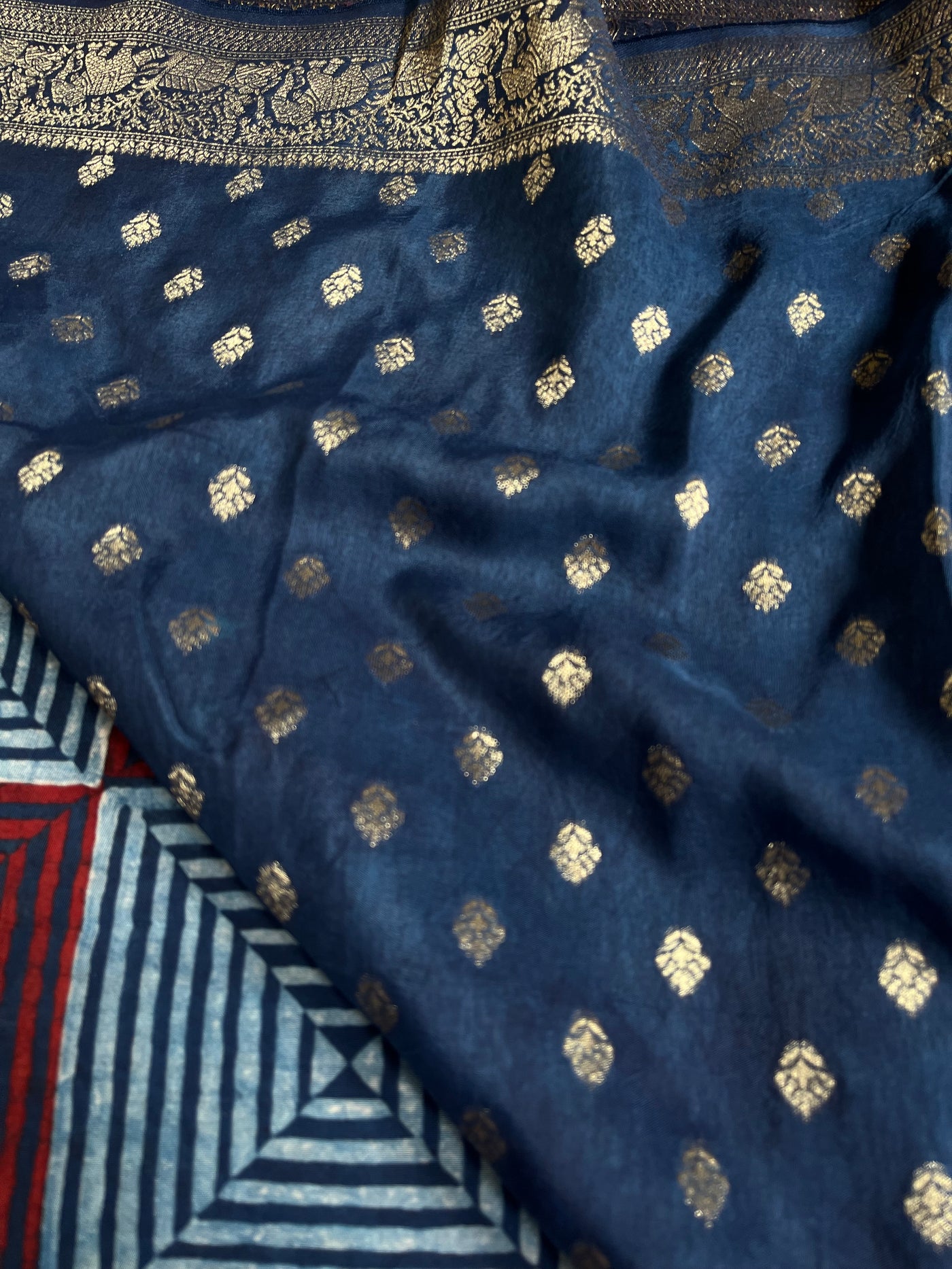 AAISHA:Handblock Ajrakh Dola Silk Saree with Meenakari Pallu