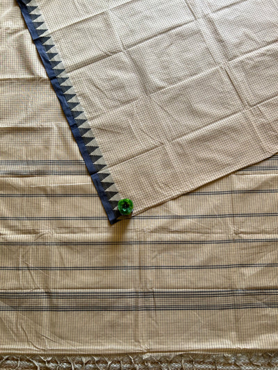 KUMUDA: Cream,KANCHIPURAM PURE COTTON SAREE WITH BORDERS.