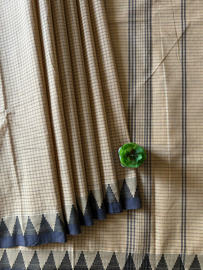 KUMUDA: Cream,KANCHIPURAM PURE COTTON SAREE WITH BORDERS.