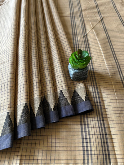 KUMUDA: Cream,KANCHIPURAM PURE COTTON SAREE WITH BORDERS.
