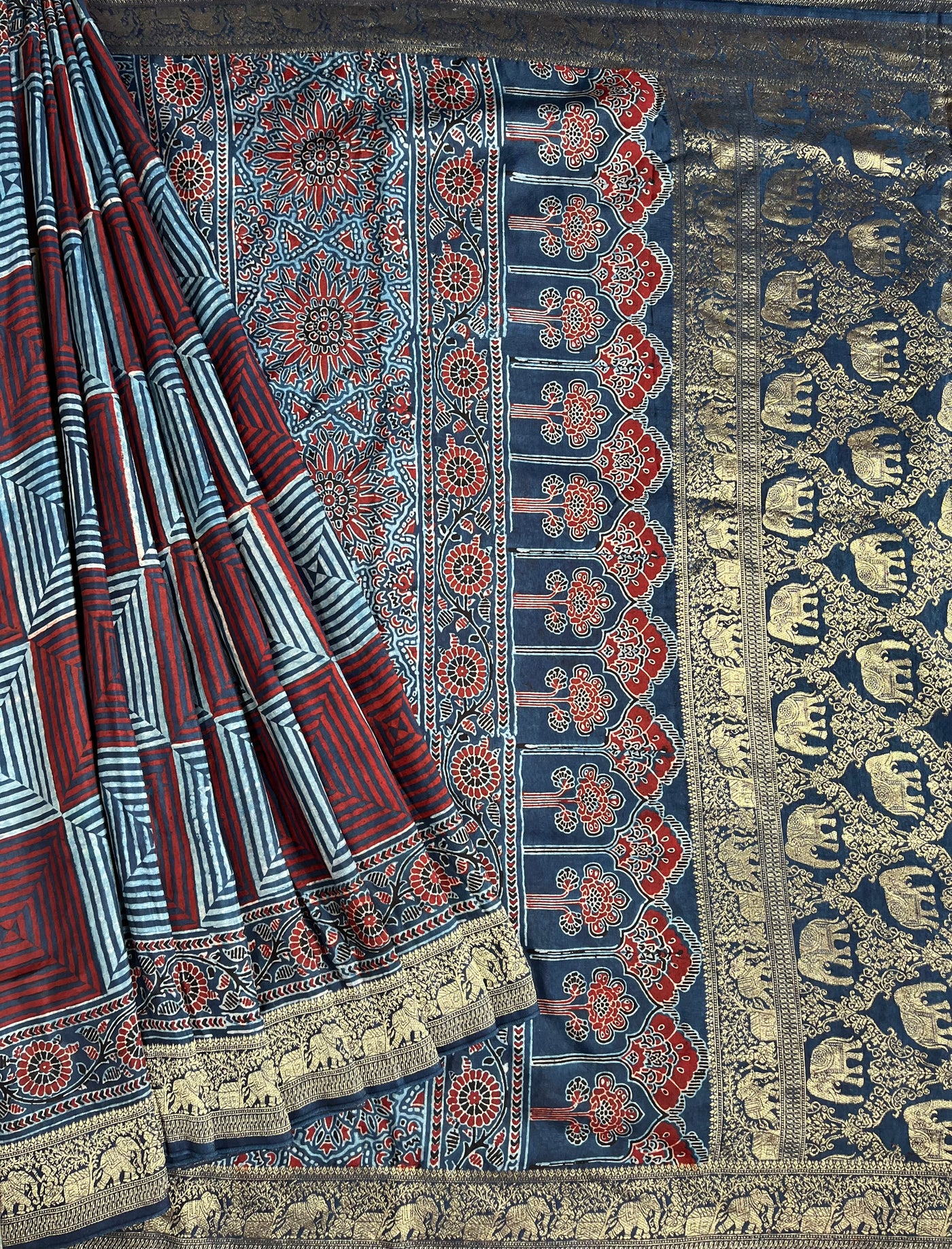 AAISHA:Handblock Ajrakh Dola Silk Saree with Meenakari Pallu