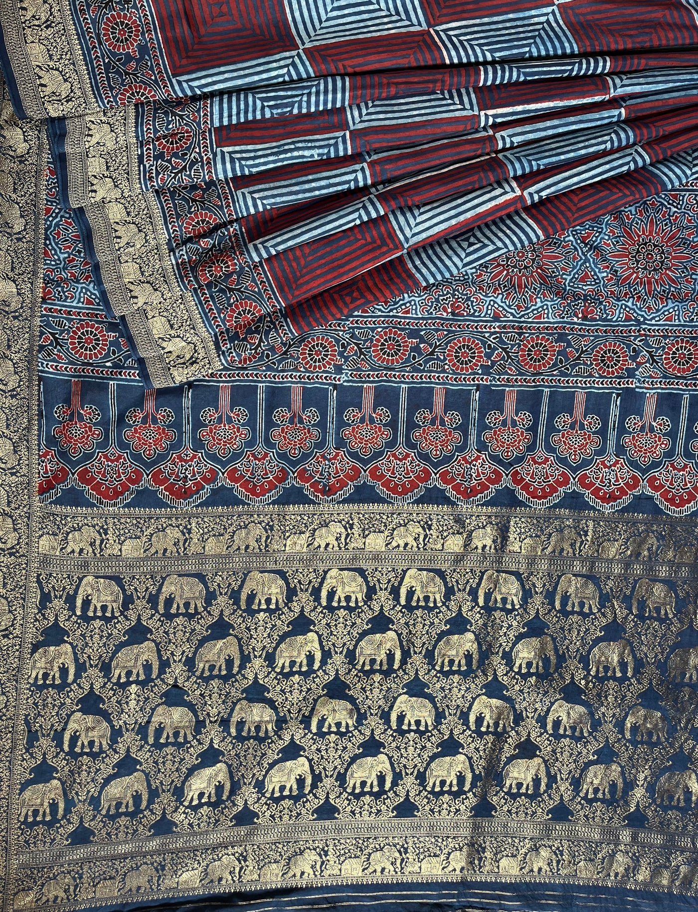 AAISHA:Handblock Ajrakh Dola Silk Saree with Meenakari Pallu