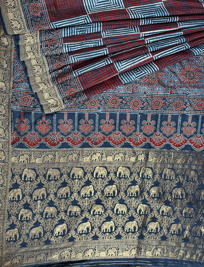 AAISHA:Handblock Ajrakh Dola Silk Saree with Meenakari Pallu