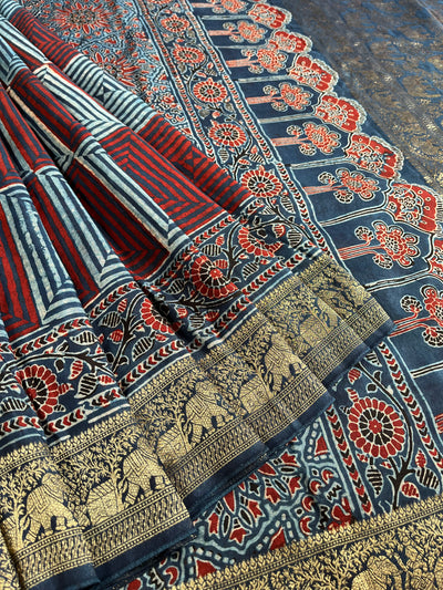 AAISHA:Handblock Ajrakh Dola Silk Saree with Meenakari Pallu