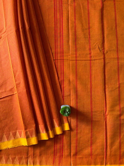 GENDA: ORANGE,KANCHIPURAM PURE COTTON SAREE WITH BORDERS.