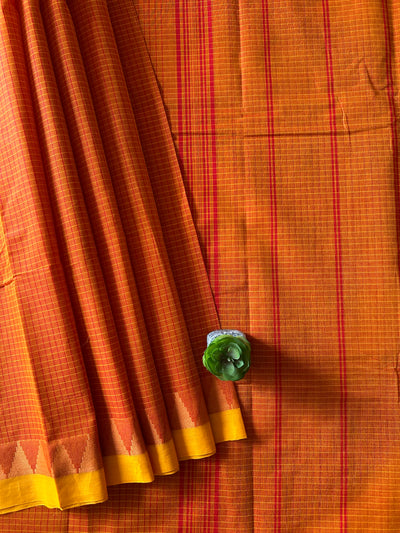 GENDA: ORANGE,KANCHIPURAM PURE COTTON SAREE WITH BORDERS.