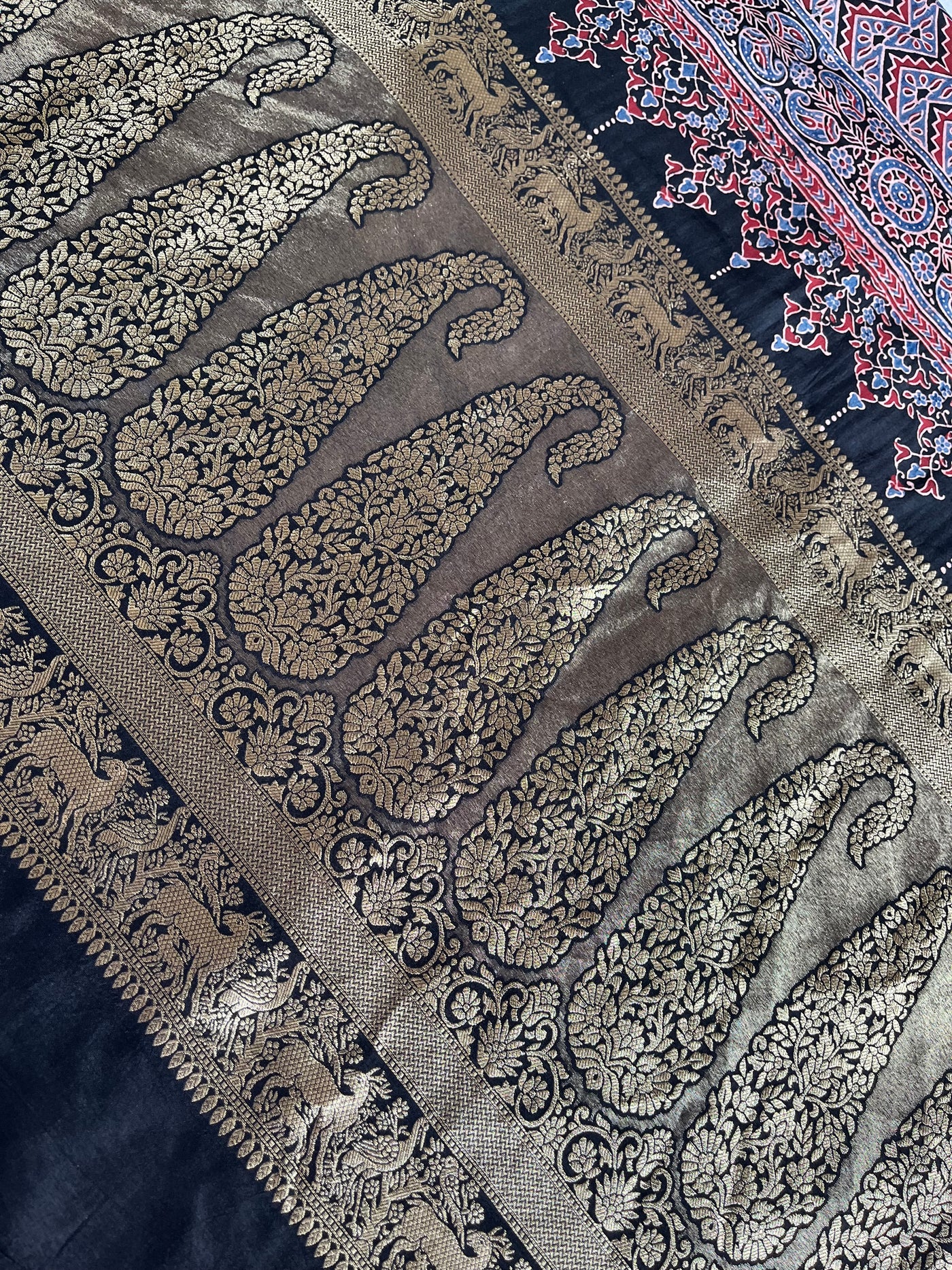 DHWANI:Handblock Ajrakh Dola Silk Saree with Meenakari Pallu