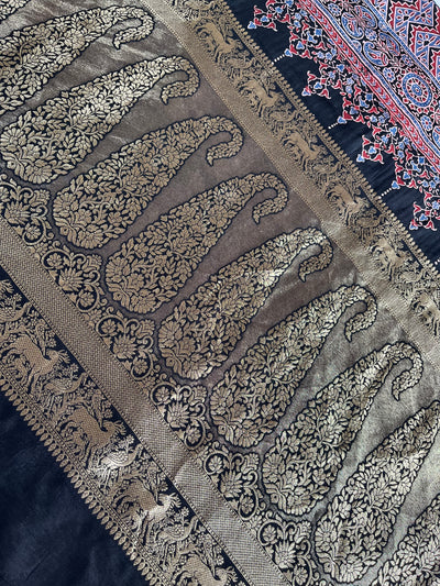 DHWANI:Handblock Ajrakh Dola Silk Saree with Meenakari Pallu
