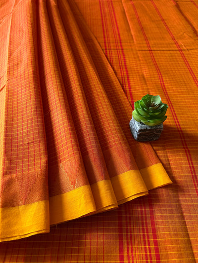 GENDA: ORANGE,KANCHIPURAM PURE COTTON SAREE WITH BORDERS.
