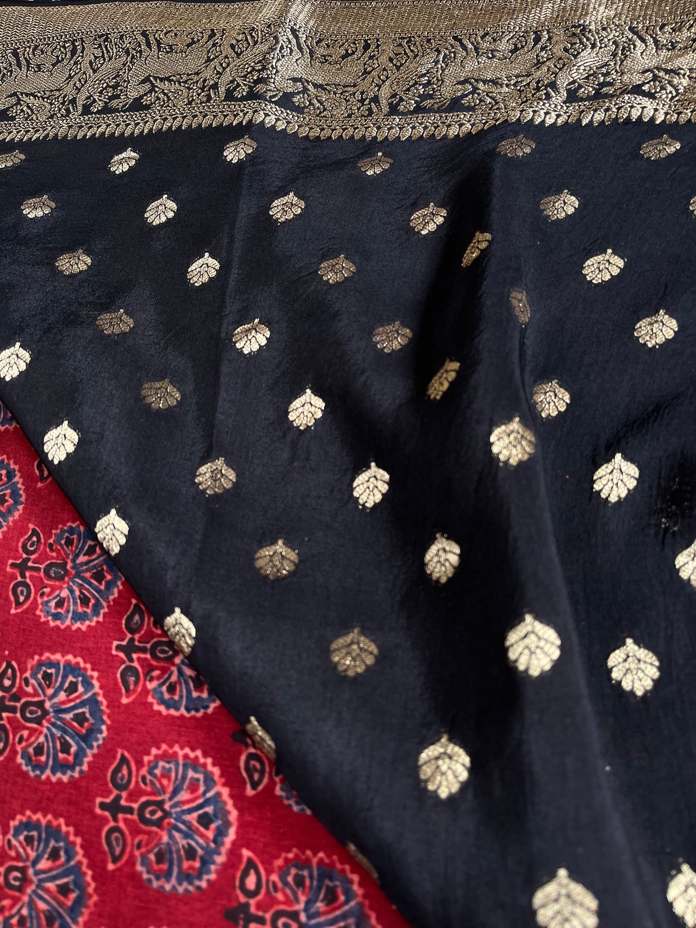 DHWANI:Handblock Ajrakh Dola Silk Saree with Meenakari Pallu