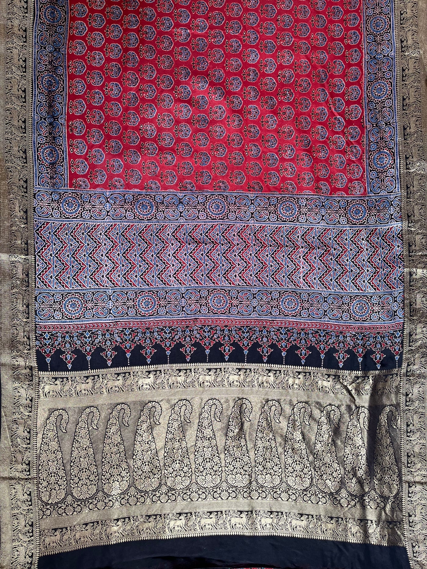 DHWANI:Handblock Ajrakh Dola Silk Saree with Meenakari Pallu