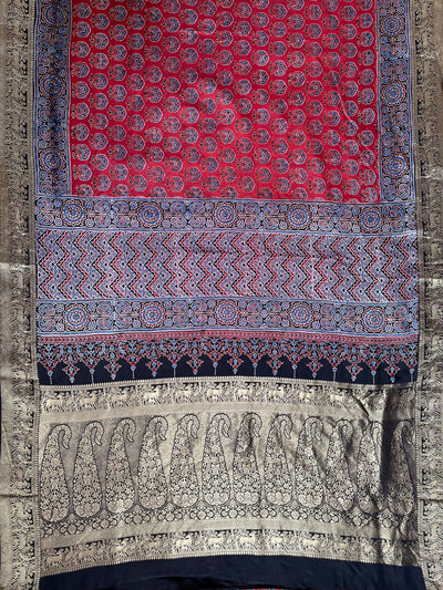 DHWANI:Handblock Ajrakh Dola Silk Saree with Meenakari Pallu