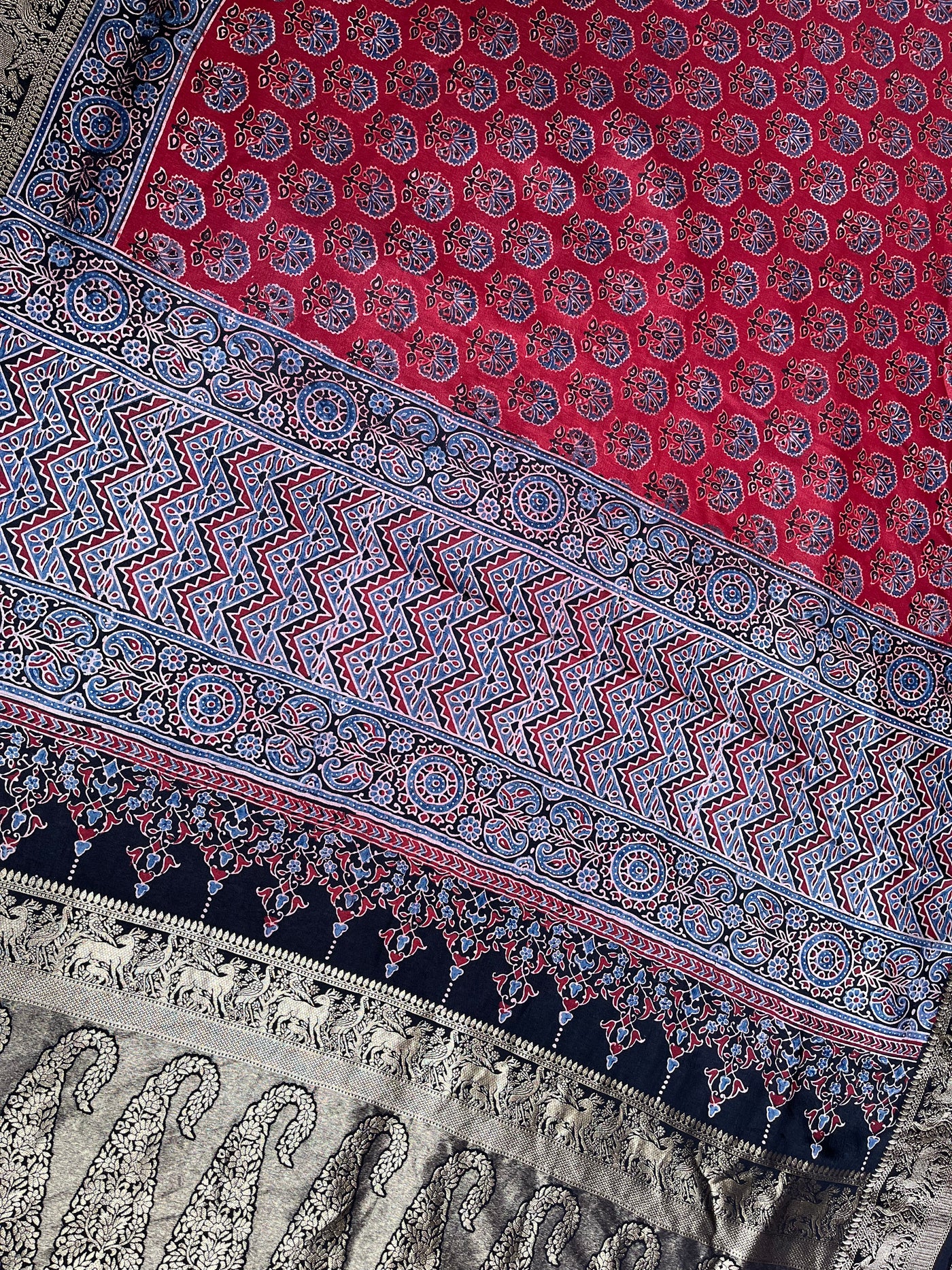 DHWANI:Handblock Ajrakh Dola Silk Saree with Meenakari Pallu