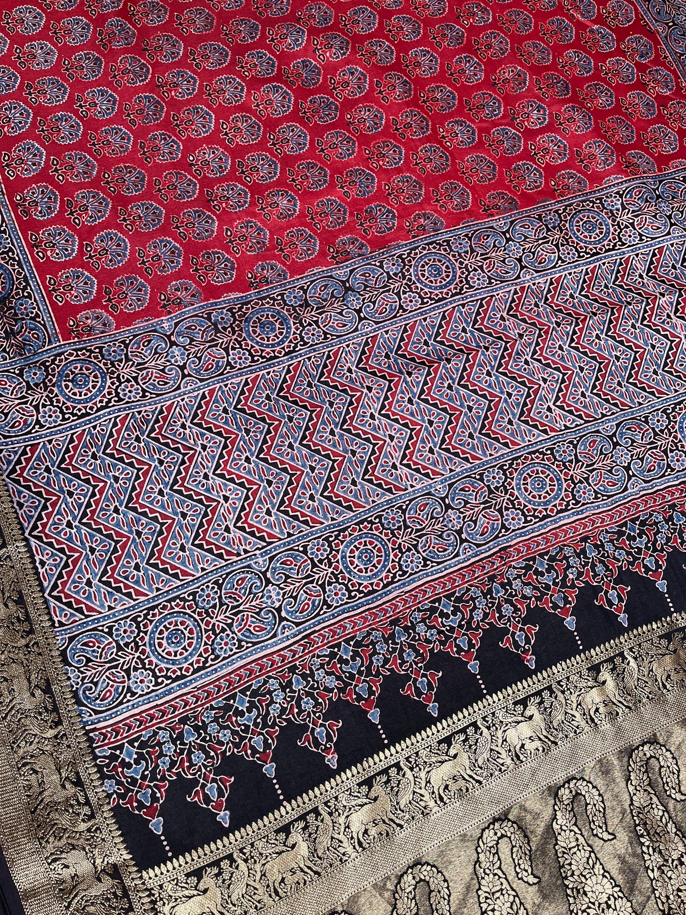 DHWANI:Handblock Ajrakh Dola Silk Saree with Meenakari Pallu